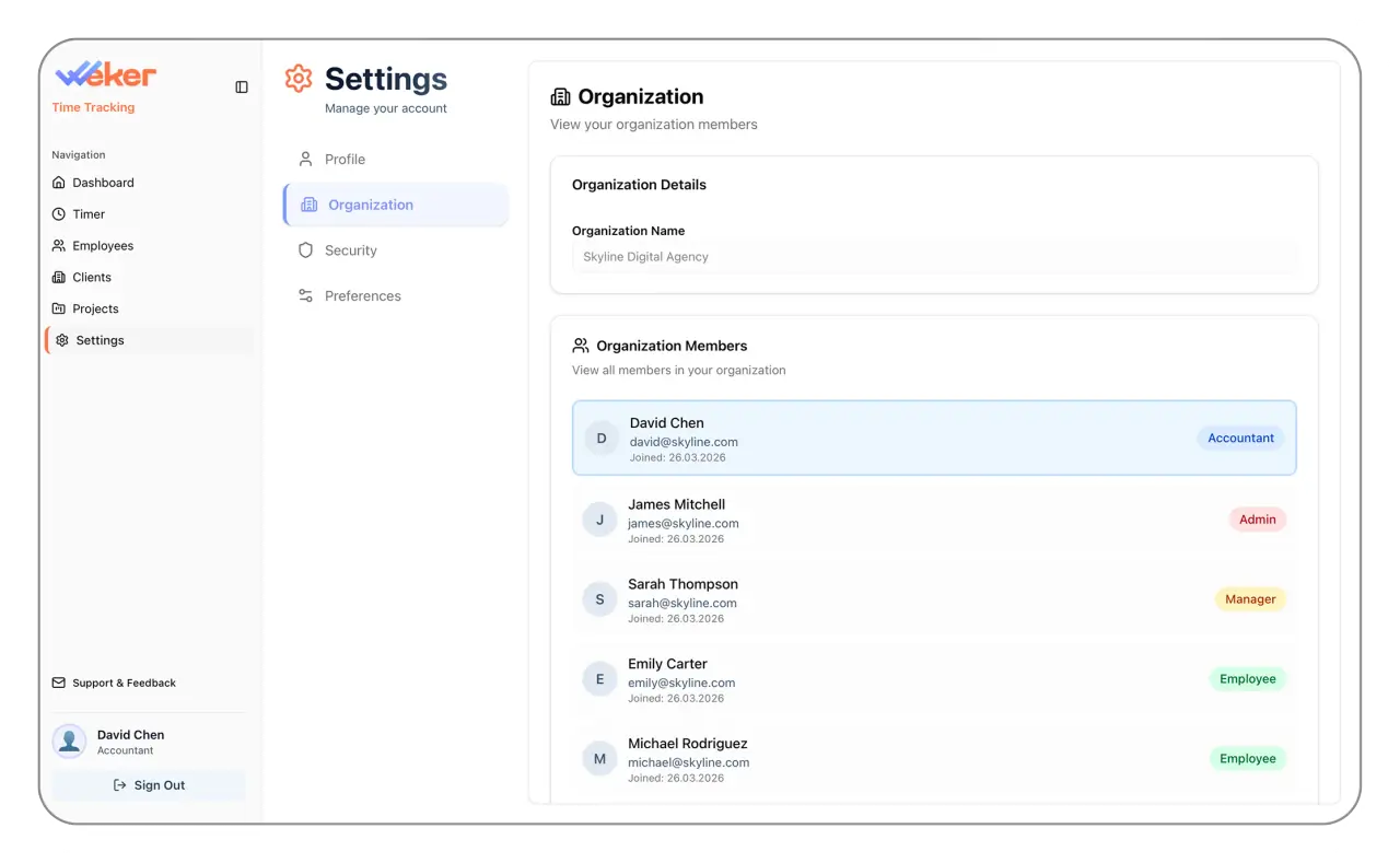 Accounting export queue card with payroll and billing report actions