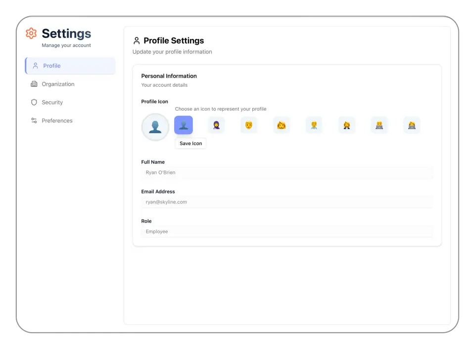 Employee quick actions card for starting a timer and switching projects