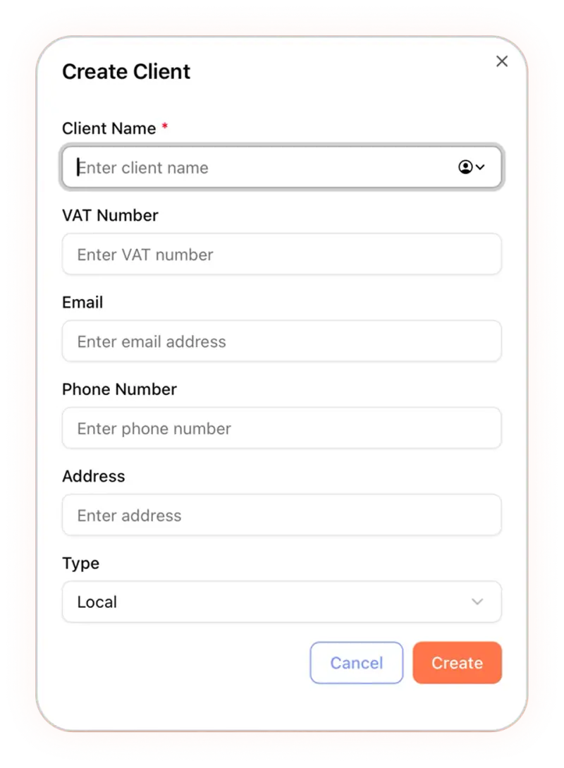 Client profile card with company details and billing information