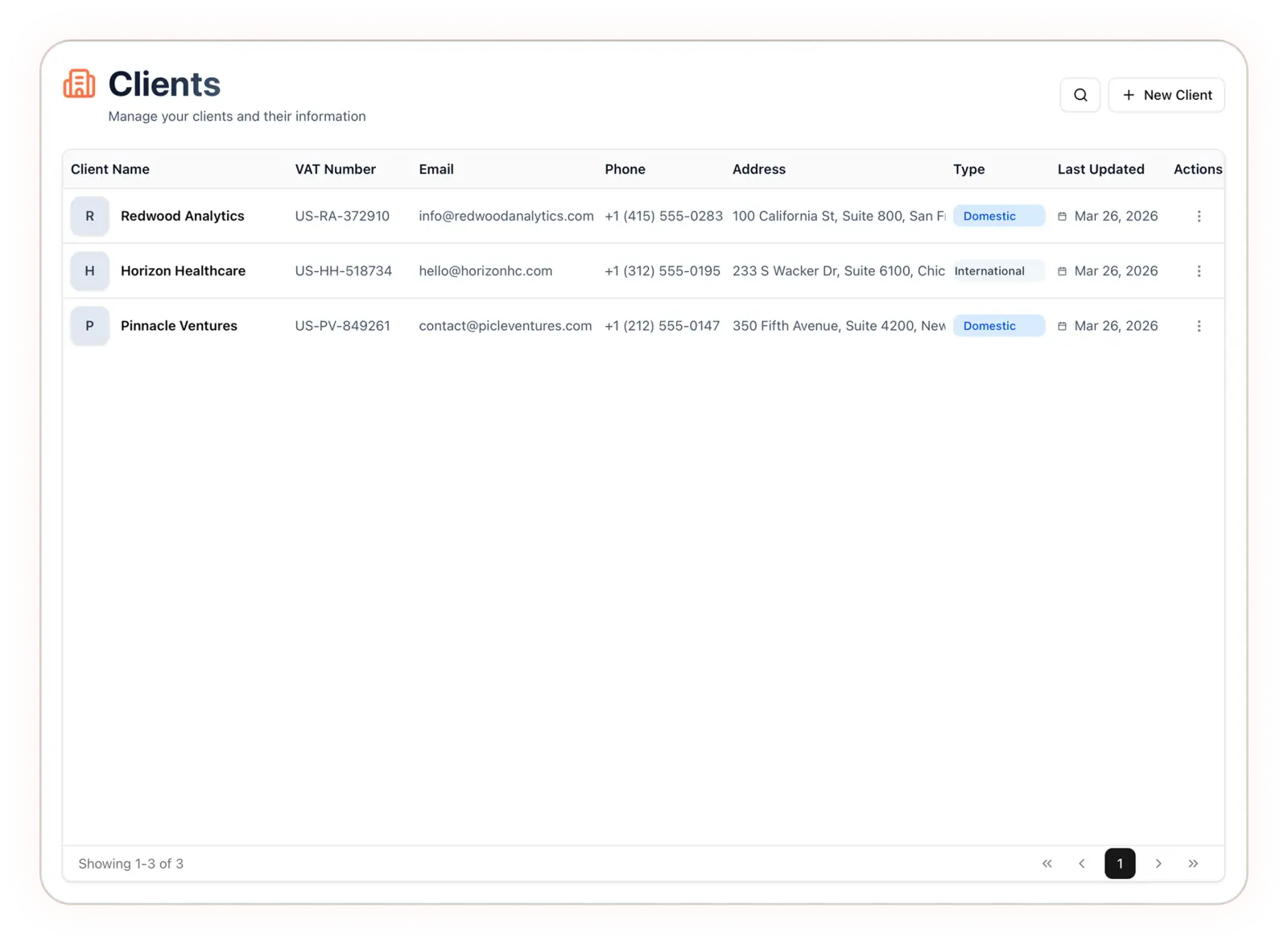 Clients management screen with company records and contact information