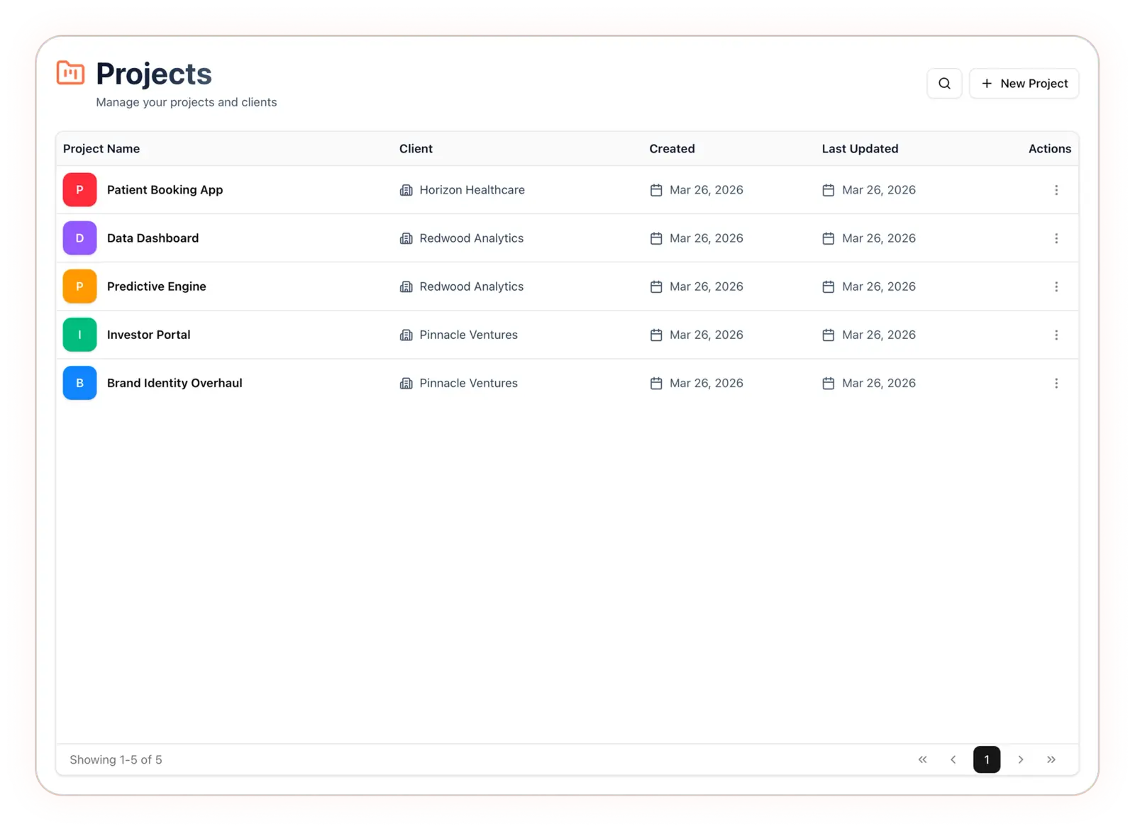 Projects overview screen with active projects, clients, and status information