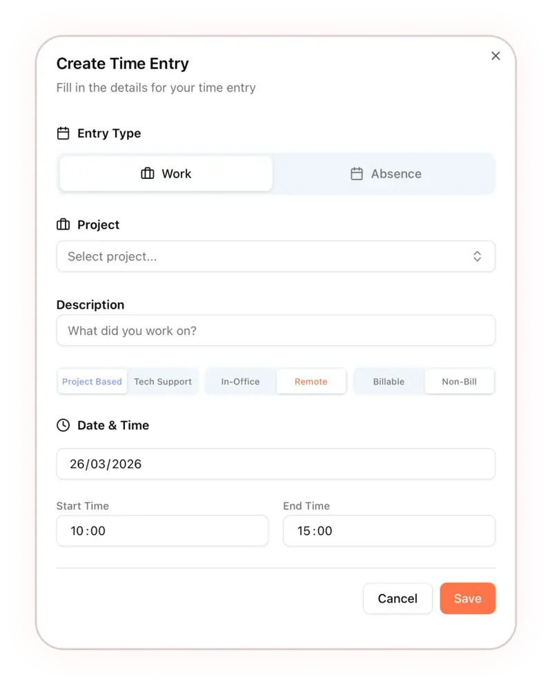 Create time entry modal with project, description, and time fields