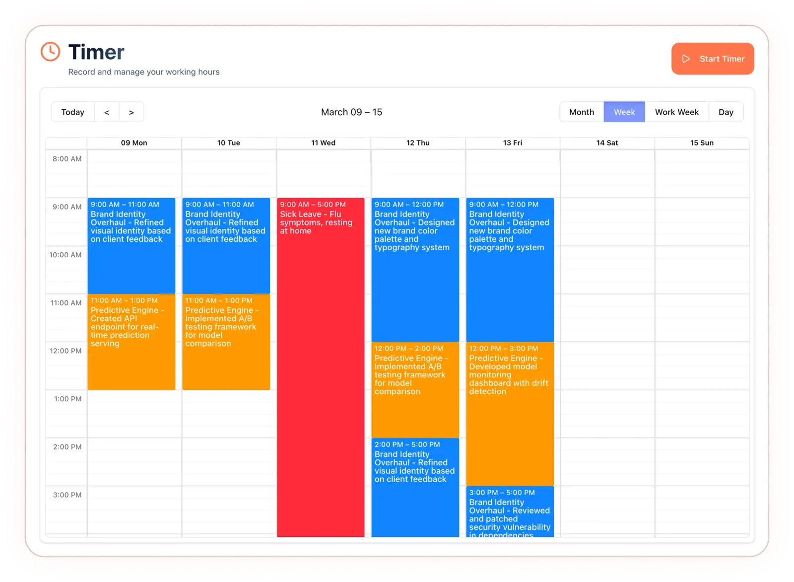 Timer dashboard with tracked hours, project selection, and start timer action